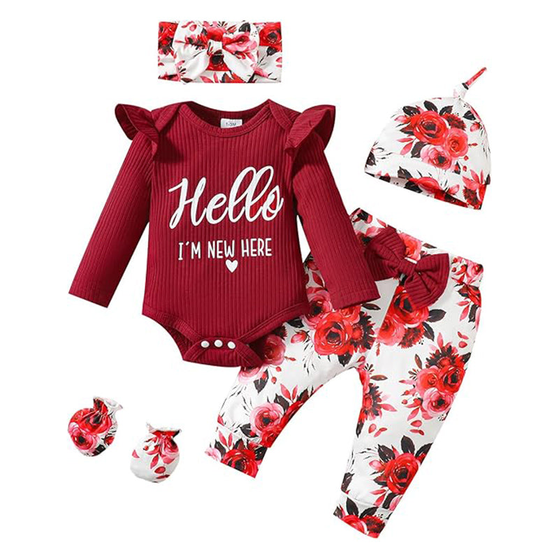 US Local Newborn Baby Girl 'Hello I'm New Here' Romper Set Includes Floral Pants, Hat, Headband, & Coming Home Outfit