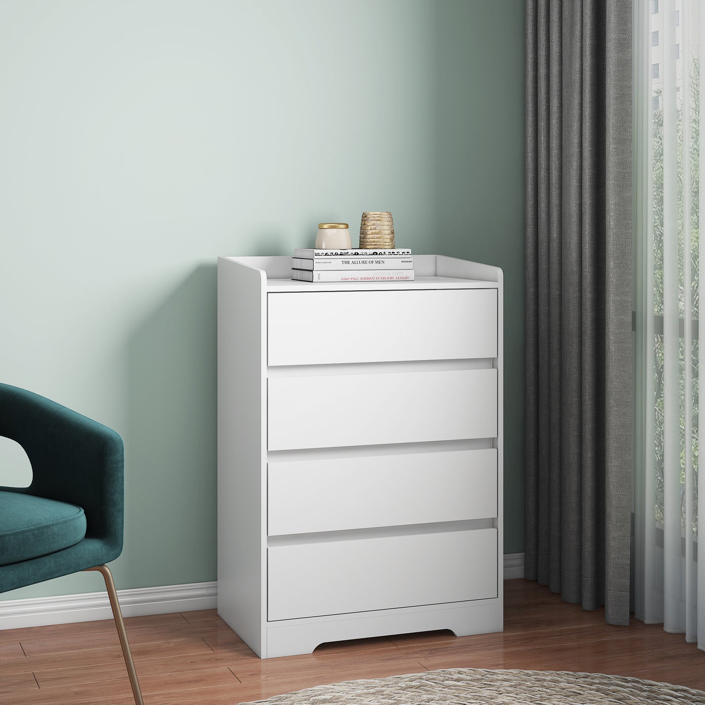 US Local 4 Drawer Dresser, Chest Of Drawers Without Handle, White Dresser For Bedroom Waterproof, Modern Wooden Cabinet With Sturdy Frame For Living Room, Entryway, Bedroom, Hallway, Office