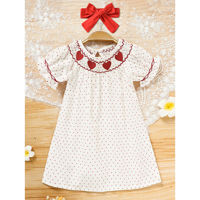 US Local Baby Girl's Valentine's Day Dress Short Sleeve Red Heart Embroidery Dress With Headband Smocked Princess Party Dress