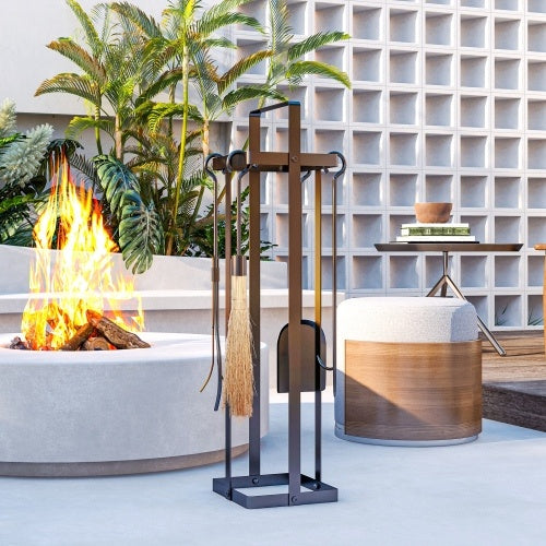 US Local Outsunny Fireplace Tools Set Indoor Outdoor 5 Piece Heavy Duty Metal Fireplace Accessories Set With Brush Broom, Poker, Shovel, Tongs And Stand For Chimney, Black  On-Site