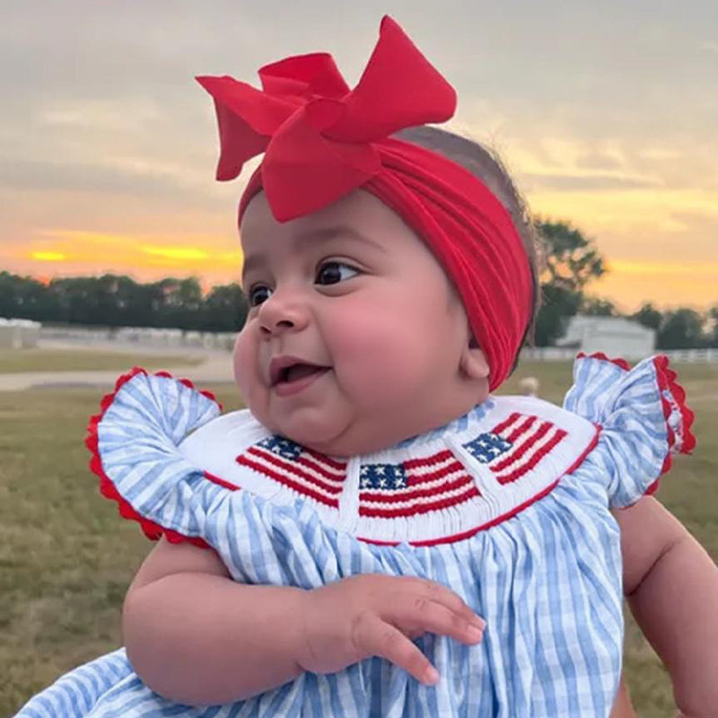 US Local Baby Girls Independence Day Outfit 4th Of July American Flag Embroidery Smocked Bubble Romper With Headband