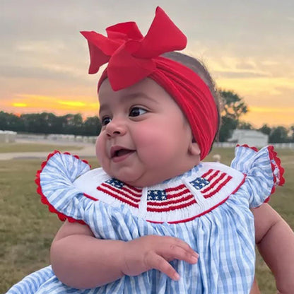 US Local Baby Girls Independence Day Outfit 4th Of July American Flag Embroidery Smocked Bubble Romper With Headband