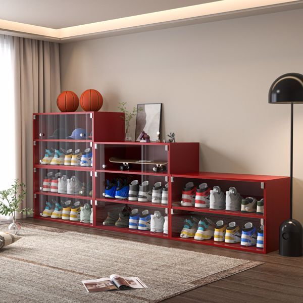 US Local Red Glass Door Shoe Box Shoe Storage Cabinet For Sneakers With RGB LED Light - Single
