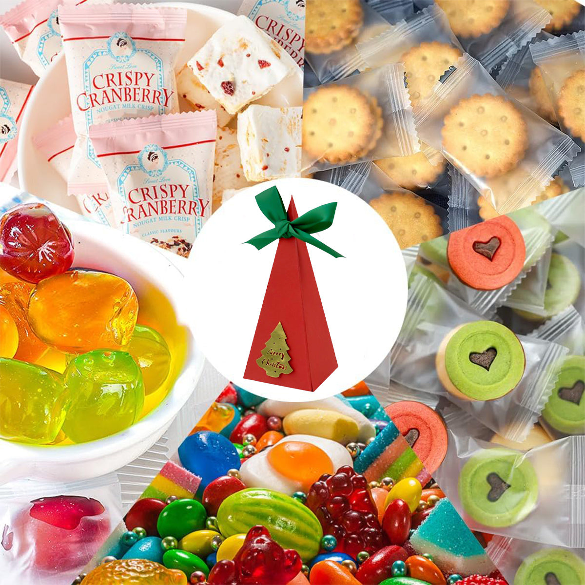 US Local 20 Packs Christmas Treat Boxes Goody Boxes Pre-Assembled Triangle Christmas Packing Box Christmas Tree Socks Gold Card Xtmas Cookie Gift Box For Christmas Birthday Wedding Party