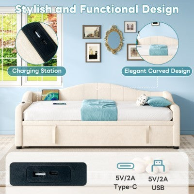 UK Local Upholstered Bed 90x190cm, Daybed, Sofa Bed With Charging Station, 3ft Single Velvet Bed With USB And Type - C Ports, Pull Out Trundle Bed For Living Room Bedroom Study Room, Beige No Mattress