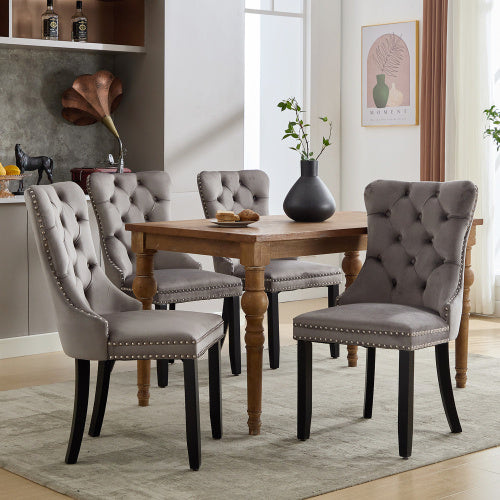 UK Local Modern Set Of 4 Upholstered Velvet Dining Chairs, Button Tufted Kitchen Lounge Chairs With Solid Wood Legs, Riveted Trim And Knocker Ring, For Dining Room Living Room,