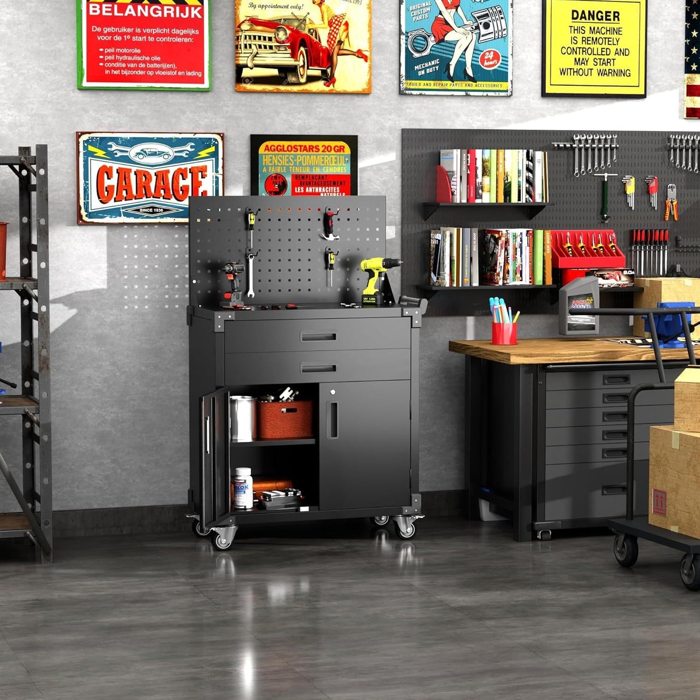 US Local Black Tool Cart With Pegboard And 4 Hooks,Garage Storage Cabinet On Wheels With 2 Drawer,Industrial Service Utility Tool Cart For Mechanics, Garage, Workshop