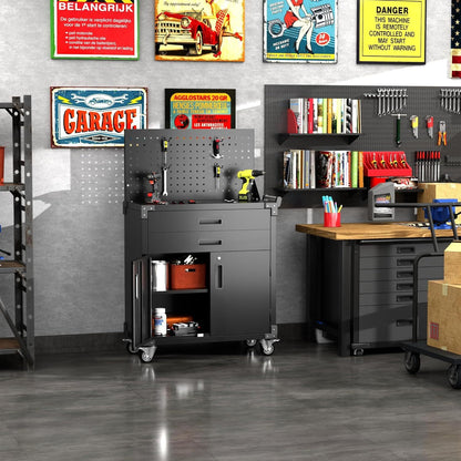 US Local Black Tool Cart With Pegboard And 4 Hooks,Garage Storage Cabinet On Wheels With 2 Drawer,Industrial Service Utility Tool Cart For Mechanics, Garage, Workshop