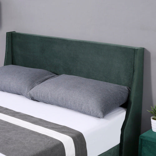 UK Local Double Bed Velvet Dark Green 4FT6 Upholstered Bed With Winged Headboard, Wood Slat Support