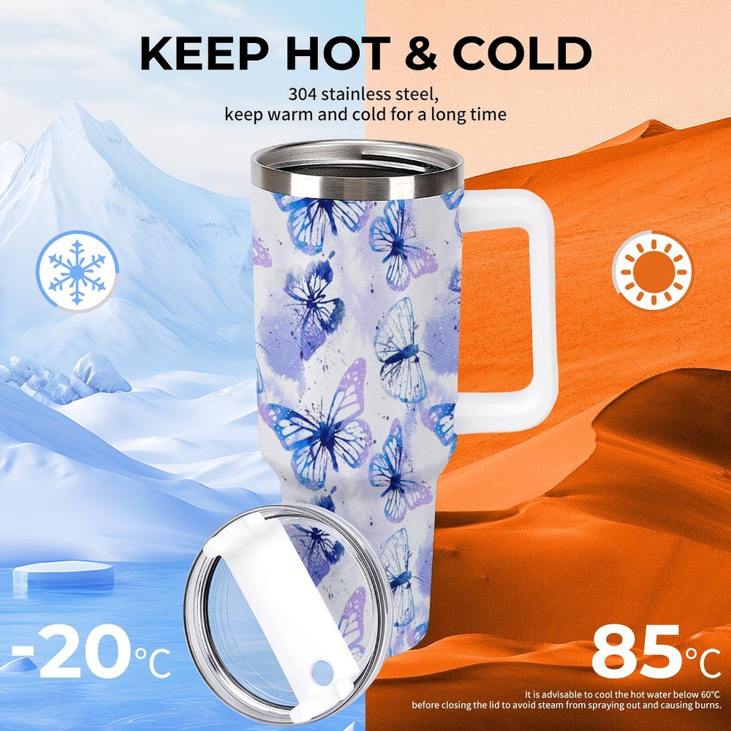 PHDT00534 POD US Local Tumbler 40oz Large Capacity Car Cup Butterfly Watercolor