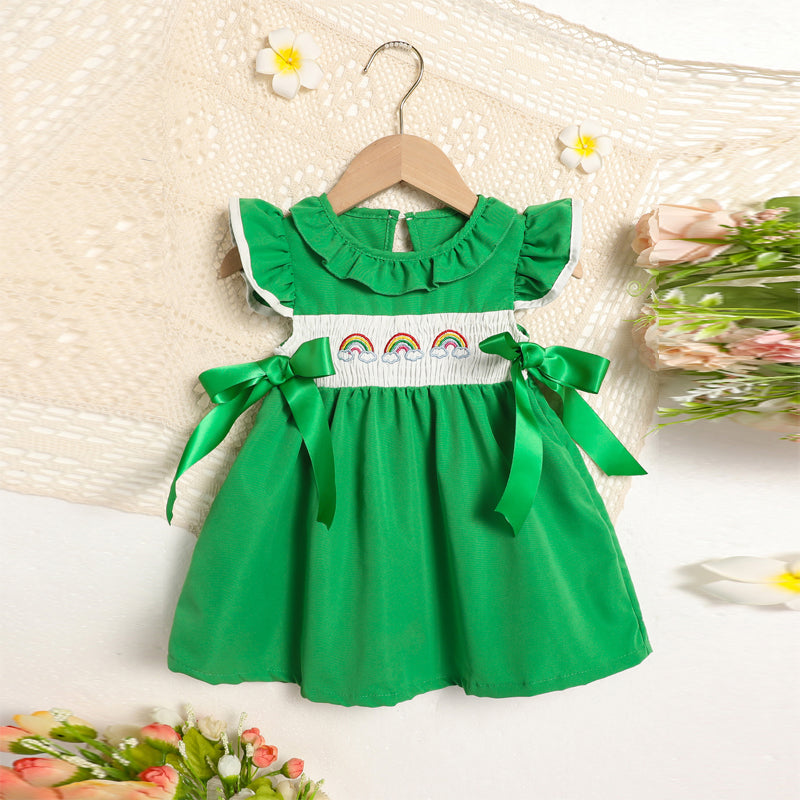 US Local Toddler Girl's Ruffle Sleeve Dress Rainbow Embroidery & Bow Detail With Back Button Closure