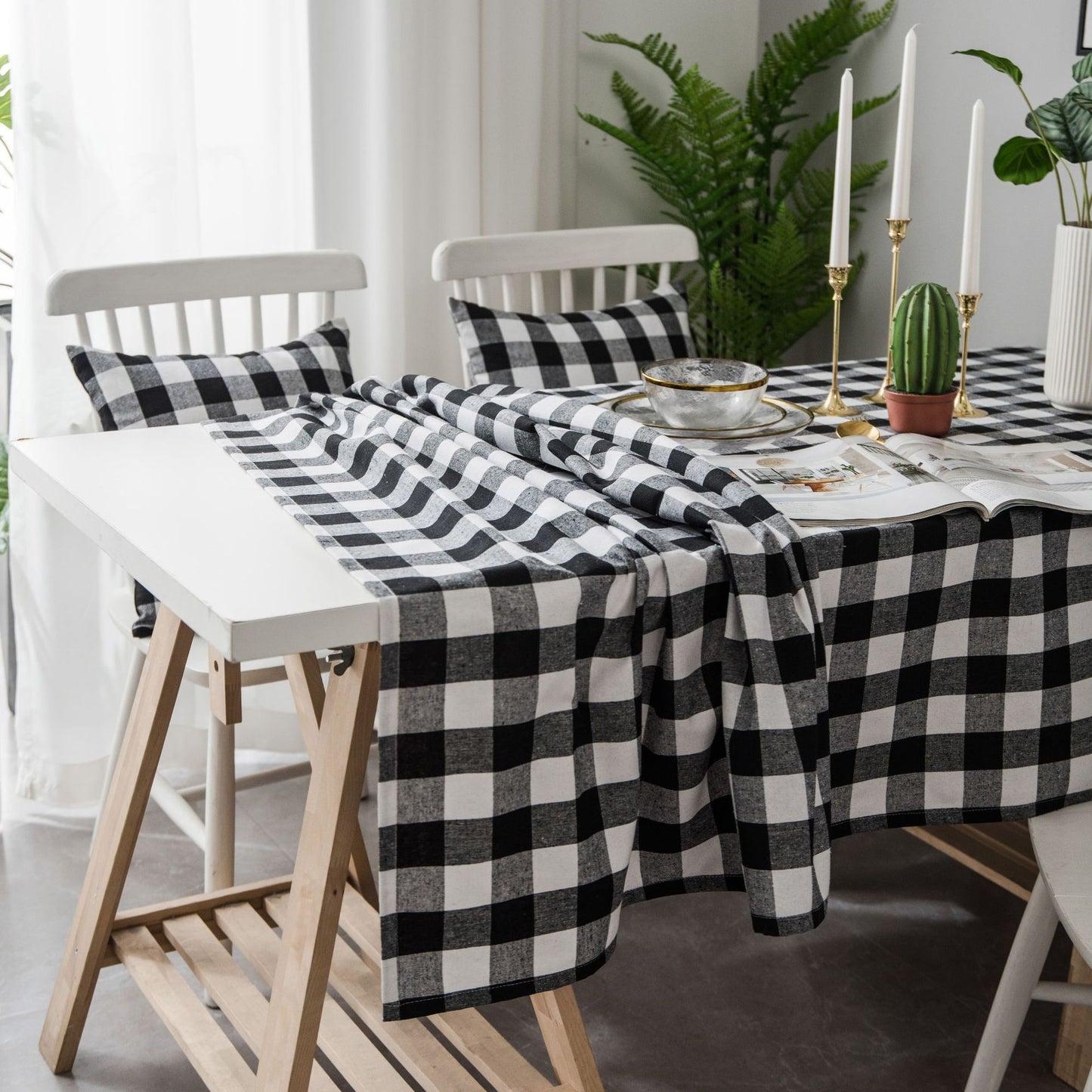Woven Black And White Plaid Tablecloth Tablecloth