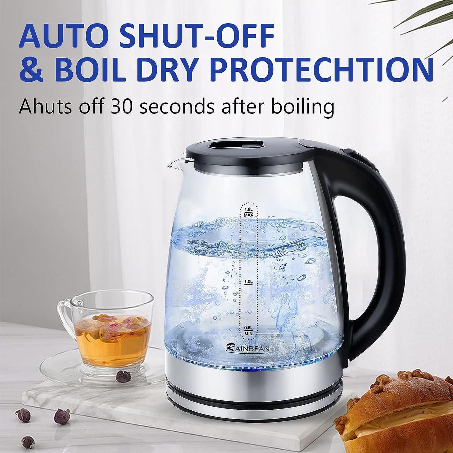 USA Local Electric Kettle Water Boiler, 1.8L Electric Tea Kettle, Wide Opening Hot Water Boiler With LED Light, Auto Shut-Off & Boil Dry Protection, Glass Black