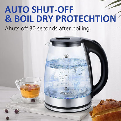 US Local Electric Kettle Water Boiler, 1.8L Electric Tea Kettle, Wide Opening Hot Water Boiler With LED Light, Auto Shut-Off & Boil Dry Protection, Glass Black