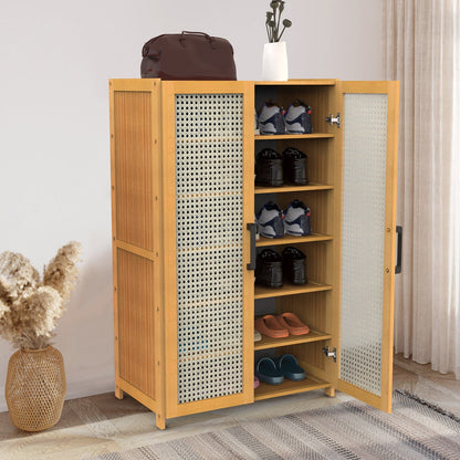 US Local 1Pc 6Tier Shoe Cabinet With Bamboo Shoe Rack Freestanding Shoe Organizer With 2 Hollow Doors And Handles 154lbs Max Load For Closet Hallway Living Room