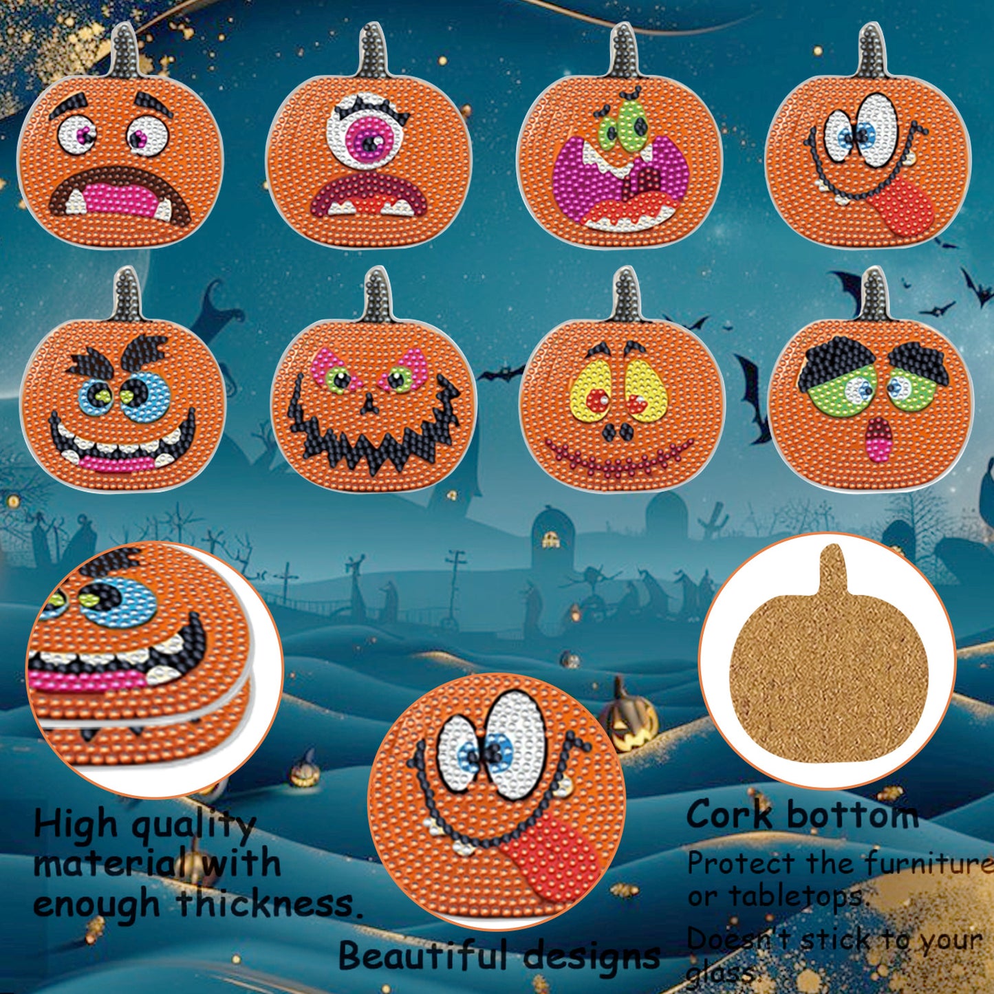 重复 US Local 8 Packs Halloween Rhinestones Art Coasters