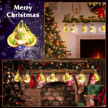 1Pc 13.78FT Christmas Snow Globe String Light Battery Powered 10 LED Bulbs Indoor Christmas Lights With Pine Needles Snowflakes Berries