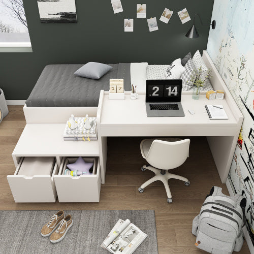 UK Local Kids Single Bed With Desk And Drawers, 90 X190 Cm, White, 3ft Kids Wooden Bed With Storage, Single Bed With Slatted Frame, Lying Surface For Teenagers & Adults