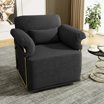 US Local 360 Degree Square Swivel Accent Sofa Chair,Fluffy Fabric Lounge Wide Upholstered Reading Chair With Gold Metal Legs, Comfortable Armchair For Living Room,Bedroom,Office