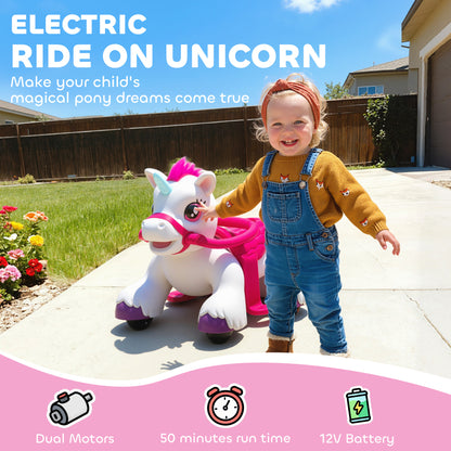 US Local 12V Unicorn Ride on Horse with Carrot Toy, Comb, Animal Sounds, for Girls Boys Aged 1.5-3 Years Old