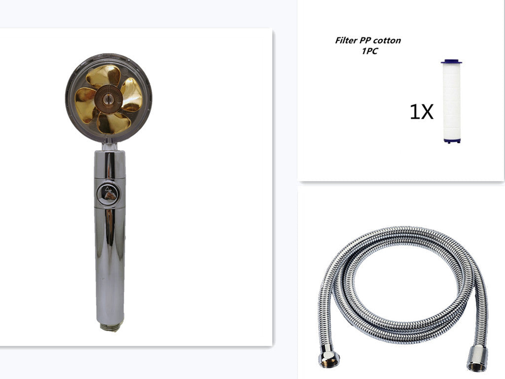 US Local Propeller Driven Shower Head With Stop Button And Cotton Filter Turbocharged High Pressure Handheld Shower Nozzle