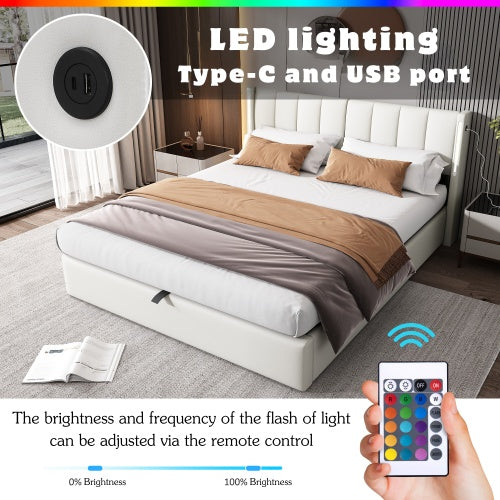 UK Local LED Upholstered Bed ,King Size Bed-5ft150x200cm, Hydraulic Bed, Rechargeable USB Port In Bed, With LED Lighting, With Storage Space, Adjustable Headboard, PU , White