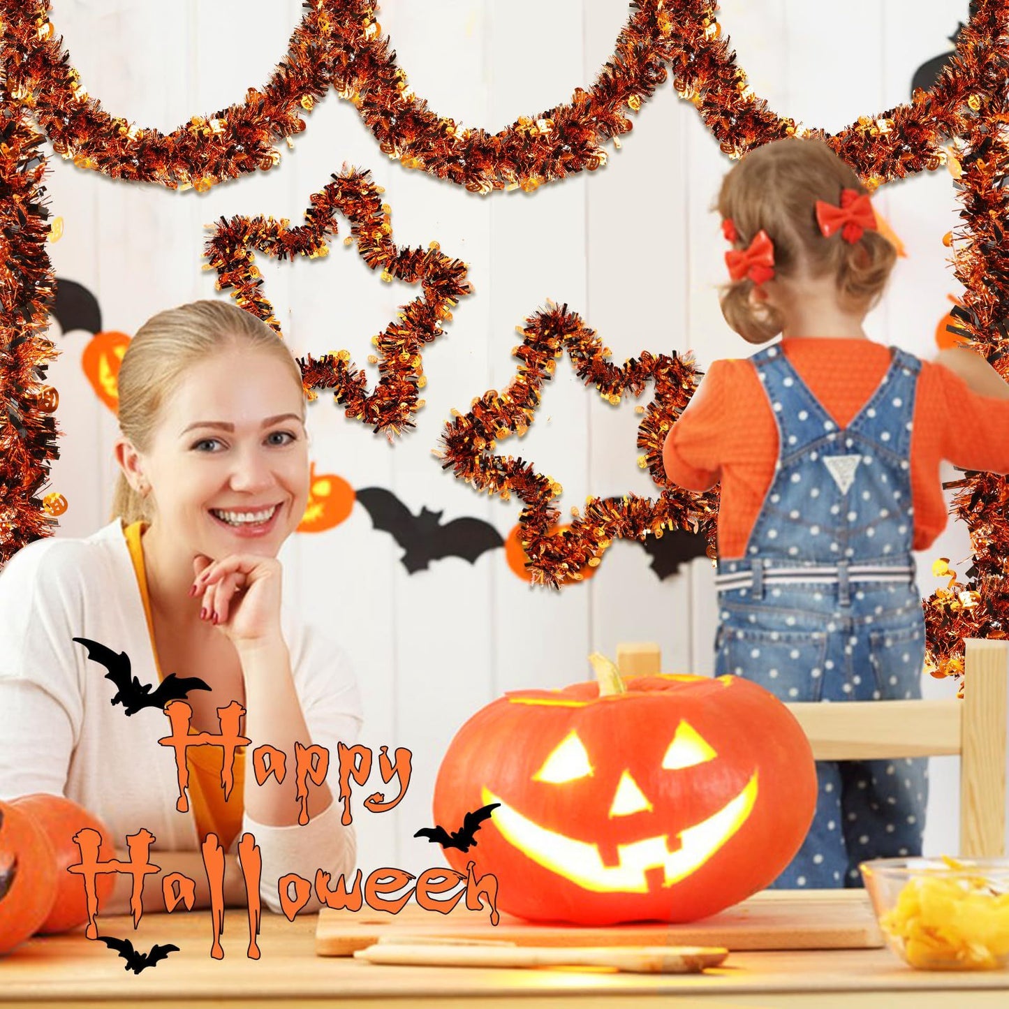 US Local 3 Pcs Halloween Decorations, Orange Metallic Tinsel Twist, 19.7 Feet