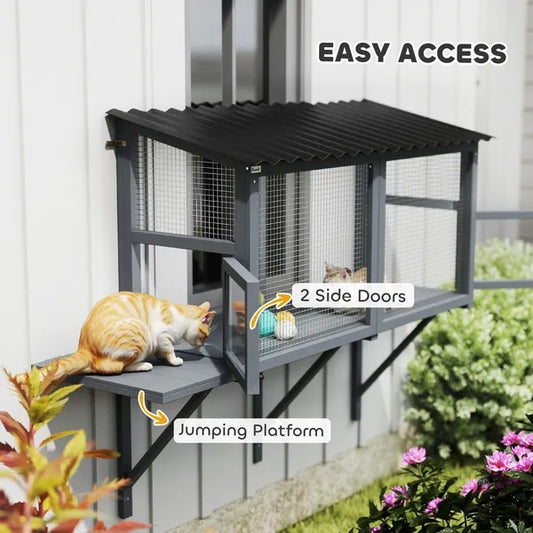 US Local Wooden Cat Catio, Outdoor Cat Enclosure Window Perch With Jumping Platform