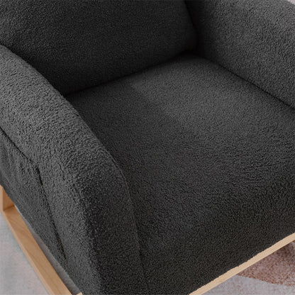 US Local Modern Accent Rocking Chair Rocking Chair With Solid Wood Legs, Upholstered Nursery Glider Rocker, Comfy Armchair With Side Pocket, Living Room Lounge Arm Chair With High Backrest