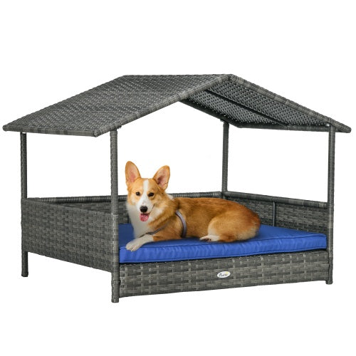 US Local PawHut Wicker Dog House Outdoor With Canopy, Rattan Dog Bed With Water-resistant Cushion, For Small And Medium Dogs, Dark Blue