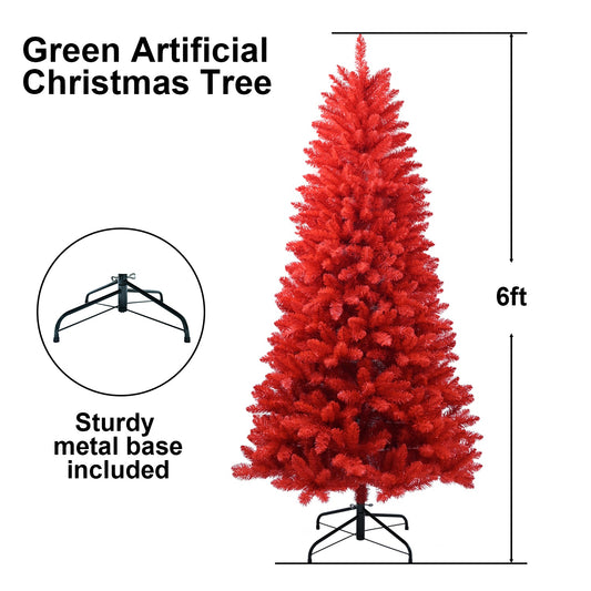 US Local 6 ft Red Artificial Christmas Tree Halloween Tree With Metal Foldable Stand, Full Artificial Christmas Tree With 804 Branch Tips, Easy To Assemble, Indoor Holiday Decoration