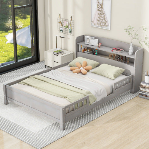 US Local Wood Full Size Platform Bed With Built-in LED Light, Storage Headboard And Guardrail, Antique Grey