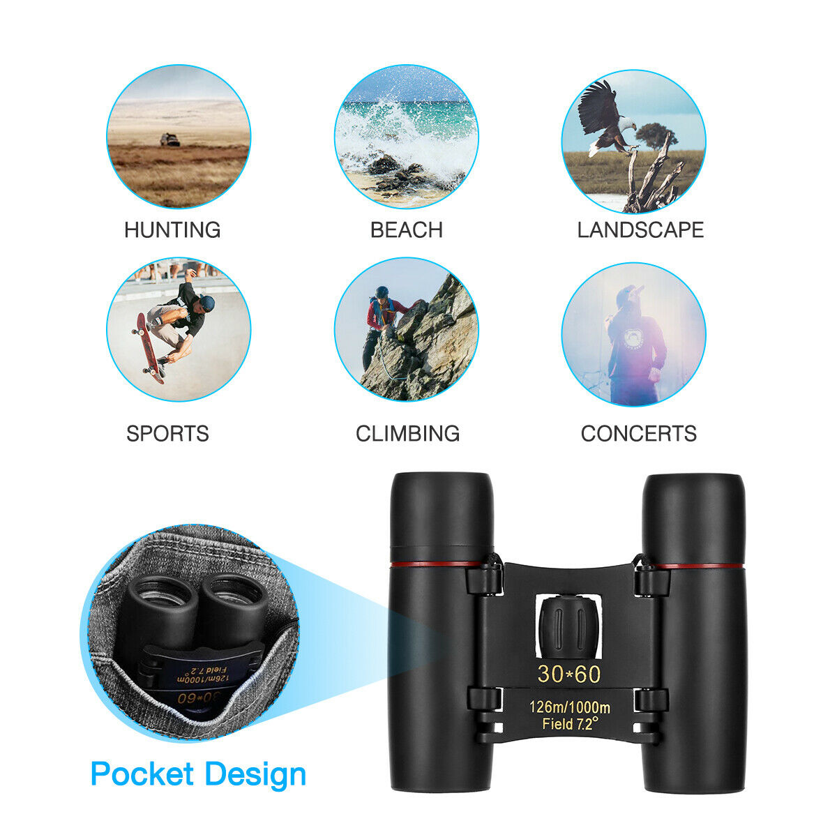 US Local Binoculars 30x60 Zoom Travel Compact Folding Telescope Hunting Day Night Outdoor Small Pocket Binoculars Compact Adults, Mini Kids Binoculars Boys For Bird Watching, Concert Theater Opera