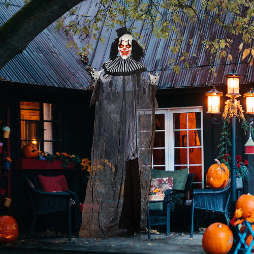 HOMCOM 6 Life Size Outdoor Halloween Decoration, Classic Black And White Striped Clown Animatronic, Sound And Motion Activated Animated Prop With Light Up Eyes  Sounds