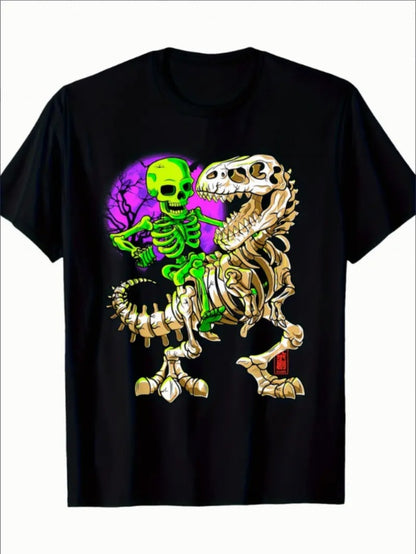 Green Skull Tyrannosaurus Rex Halloween Fossil Dinosaur T-shirt For Men