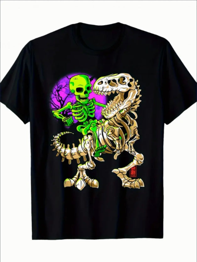 Green Skull Tyrannosaurus Rex Halloween Fossil Dinosaur T-shirt For Men