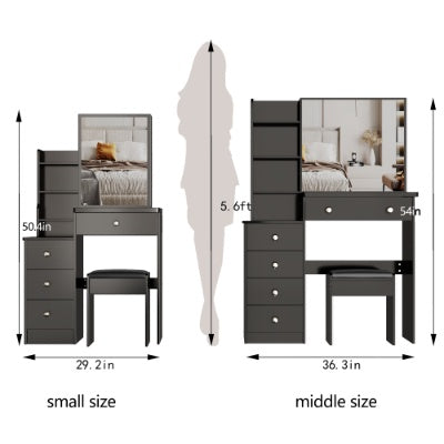US Local 29.2 Small Space Left Bedside Cabinet Vanity Table  Cushioned Stool, Extra Large Right Sliding Mirror, Multi Layer High Capacity Storage, Practical Fashionable Dresser, Suitable For Small Space