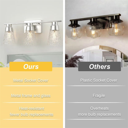 US Local 3 Light Brushed Nickel Bathroom Vanity Light Fixtures With Clear Hammered Glass Shade, 22 Inch Bathroom Lighting Fixtures Over Mirror, For Bathroom Shower Toilet
