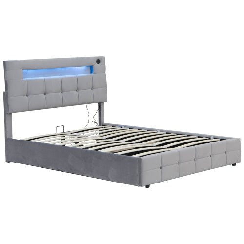 UK Local 4ft6 Double Upholstered Bed Frame With Hydraulic Storage, Velvet Ottoman Bed With LED Lighting And Charging Station, Double Bed With Adjustable Button Tufted Headboard, Beige