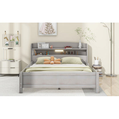 US Local Wood Full Size Platform Bed With Built-in LED Light, Storage Headboard And Guardrail, Antique Grey
