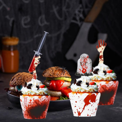 US Local 48 Pcs Halloween Cupcake Toppers Wrappers Rip Kit Bloody Zombie Hand Cupcake Pick Decorations For Halloween Horror Movie Bloody Theme Birthday Party Cake Decorations Supplies