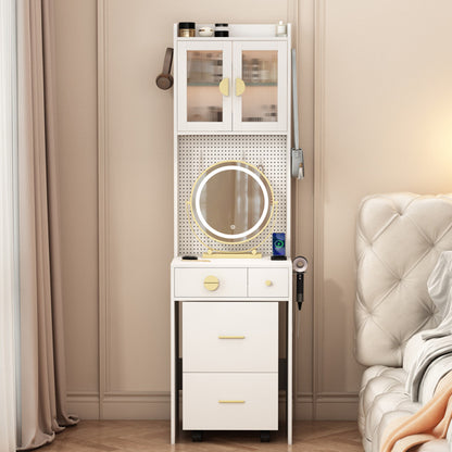 US Local 3 Draws 2 Doors 1LED3 Color Tone Light Touch Large Round Mirror Dressing Table Set