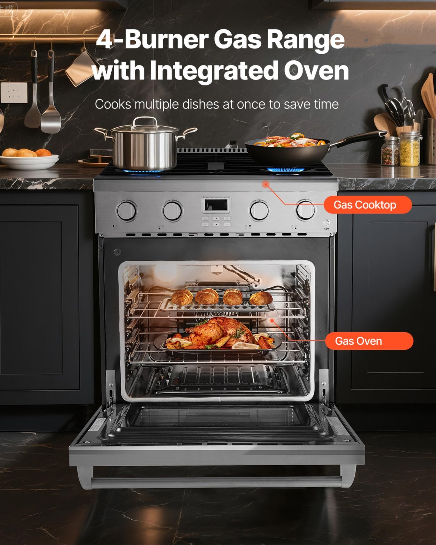 US Local 30 In Gas Range Oven 4 Sealed Burners Convection Oven In Stainless Steel