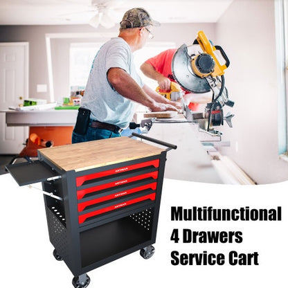 US Local 4 DRAWERS MULTIFUNCTIONAL TOOL CART WITH WHEELS AND WOODEN TOP