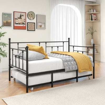 US Local Twin Size Daybed Metal Frame With Trundle Set, Twin Day Bed Sofa, Daybed And Roll Sofa Bed For Guest Room, Bedroom, Living Room, Victorian Style, Black
