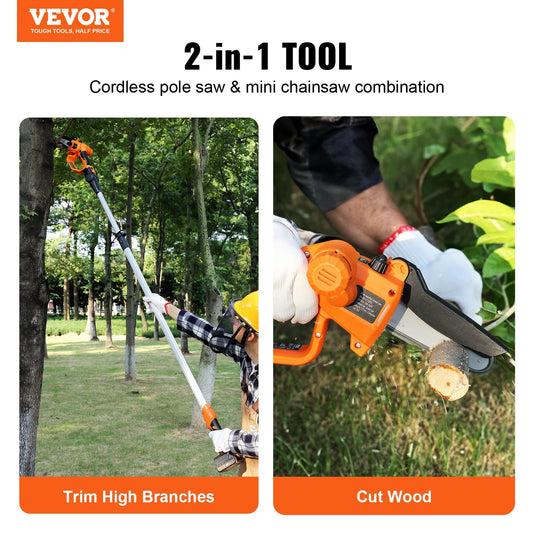 US Local VEVOR 2-in-1 Cordless Pole Saw & Mini Chainsaw, 20V 4Ah Battery Pole Chainsaw, Cutting Capacity 8 Ft Reach Pole Saw For Branch Cutting & Tree Trimming Battery And Blade Cover Included