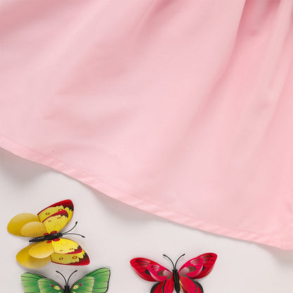 US Local Toddler Girl's Pink Ruffle Sleeve Dress Letter Embroidery & Bow Detail With Back Button Closure