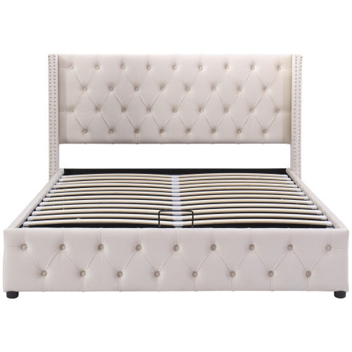 UK Local Upholstered Bed, 135x190, With Hydraulic Lever, Functional Bed From Storage,velvet, Beige