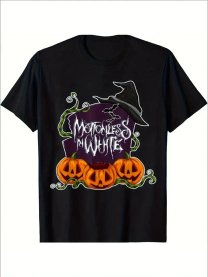 Pumpkin Monster Printed  Round Neck Men's T-shirt Halloween  Sleeved