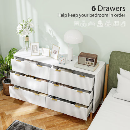 US Local 6 Drawer Double Dresser For Bedroom, Fluted Chest Of Drawers With Gold Finger Pulls And 5 Wood Legs, White